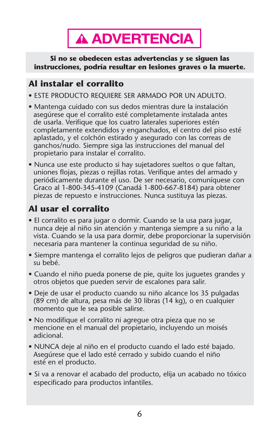 Al instalar el corralito, Al usar el corralito | Graco Pack 'n Play ISPP119AC User Manual | Page 6 / 52