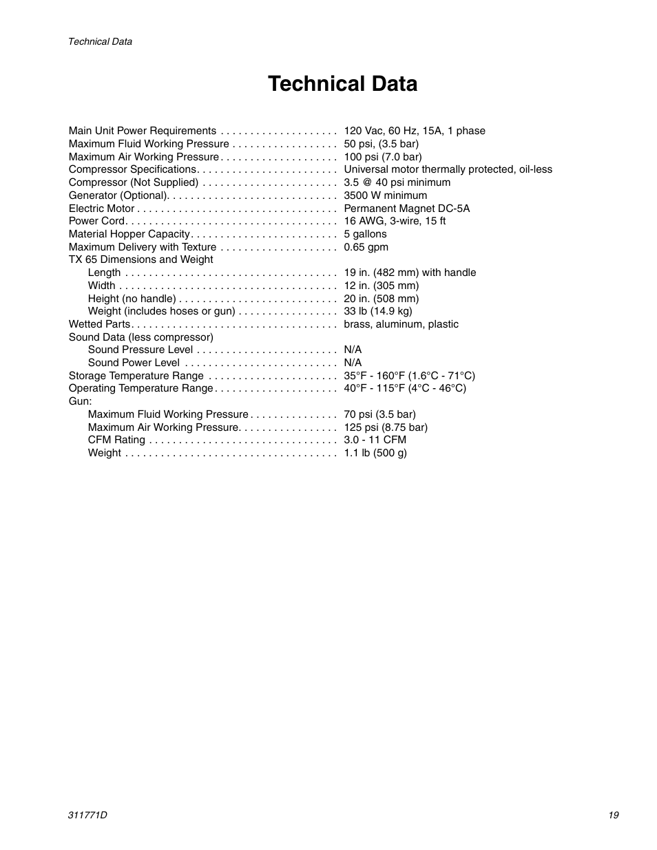 Technical data | Graco RTX-650 User Manual | Page 19 / 20