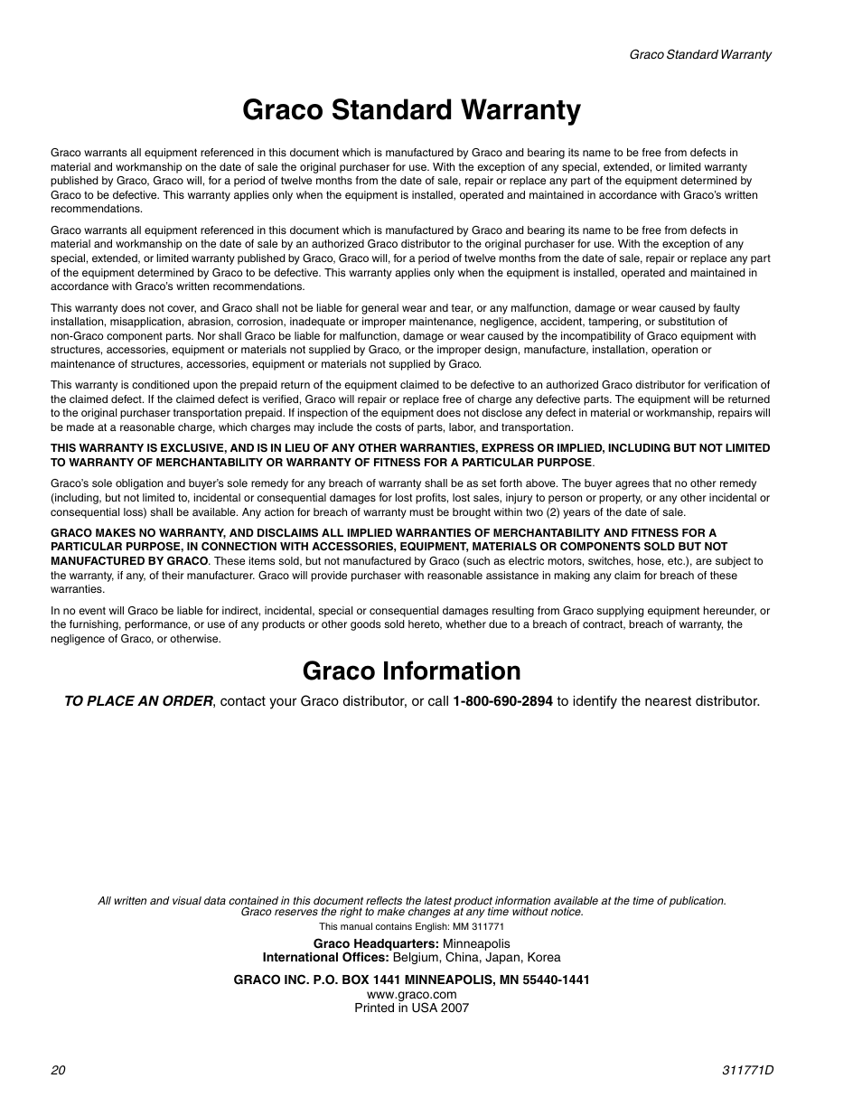 Graco standard warranty, Graco information | Graco RTX-650 User Manual | Page 20 / 20