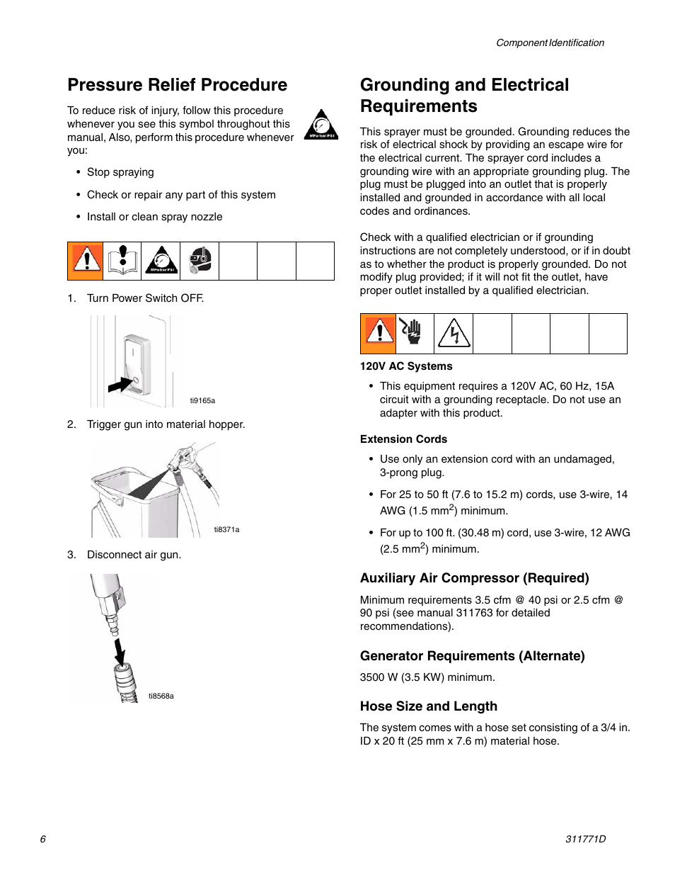 Pressure relief procedure, Grounding and electrical requirements | Graco RTX-650 User Manual | Page 6 / 20