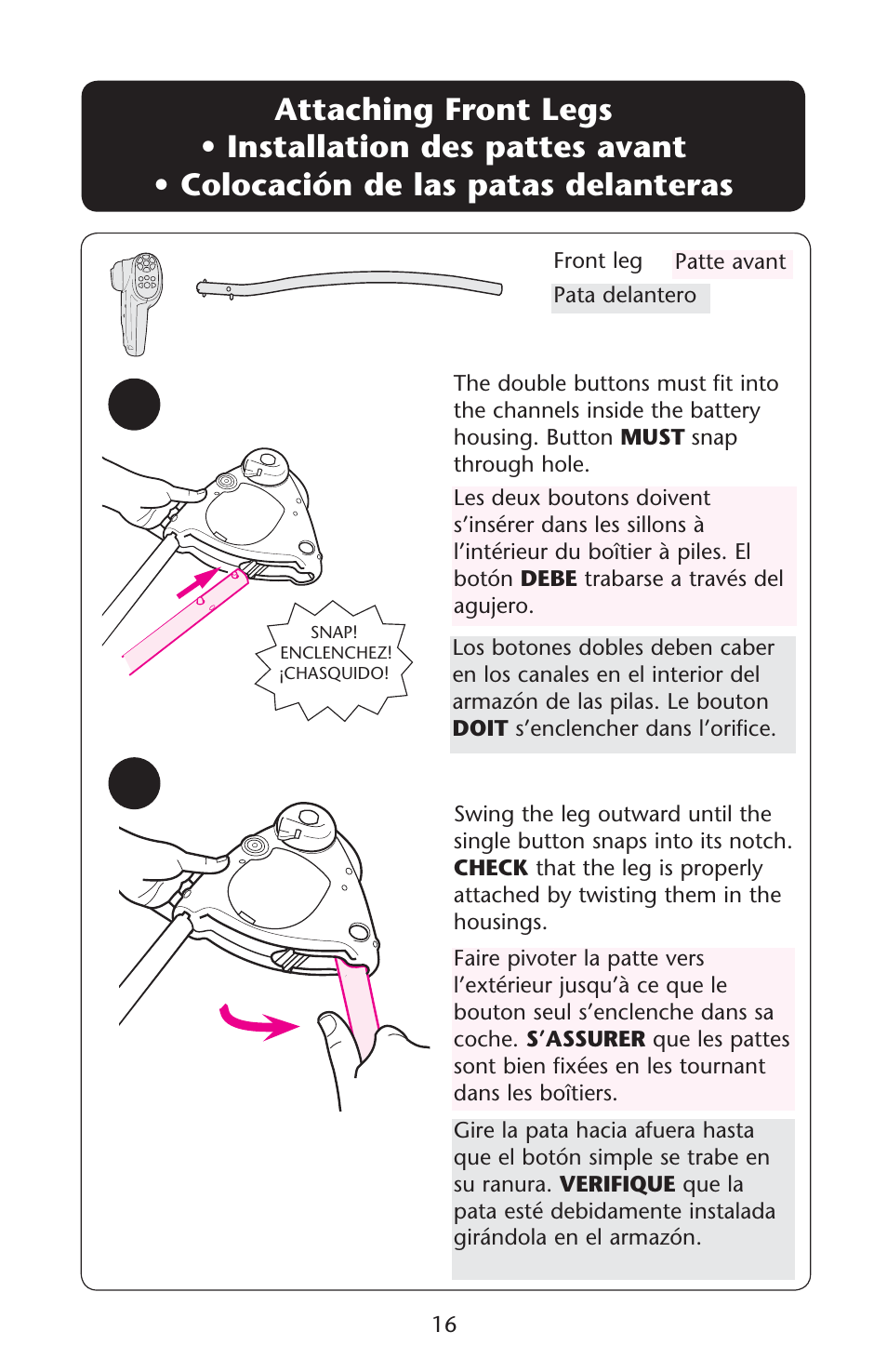 Attaching front legs s s | Graco Lovin' Hug PD120910A User Manual | Page 16 / 48