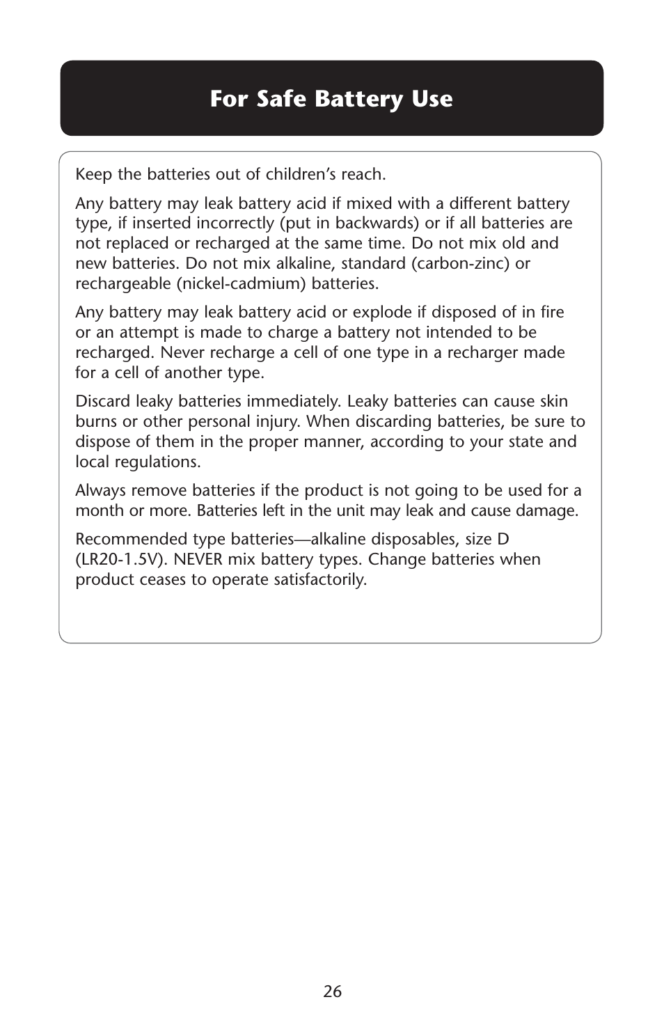 For safe battery use | Graco Lovin' Hug PD120910A User Manual | Page 26 / 48