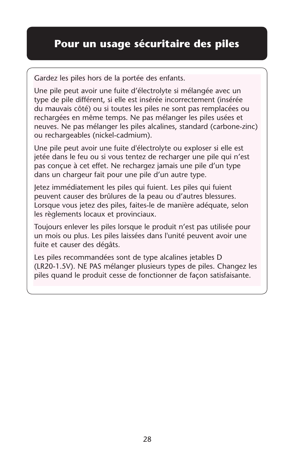 Pour un usage sécuritaire des piles | Graco Lovin' Hug PD120910A User Manual | Page 28 / 48