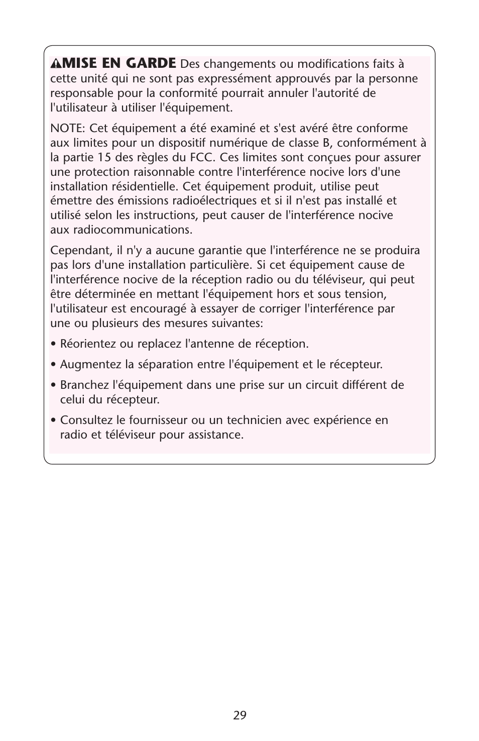 Mise en garde | Graco Lovin' Hug PD120910A User Manual | Page 29 / 48