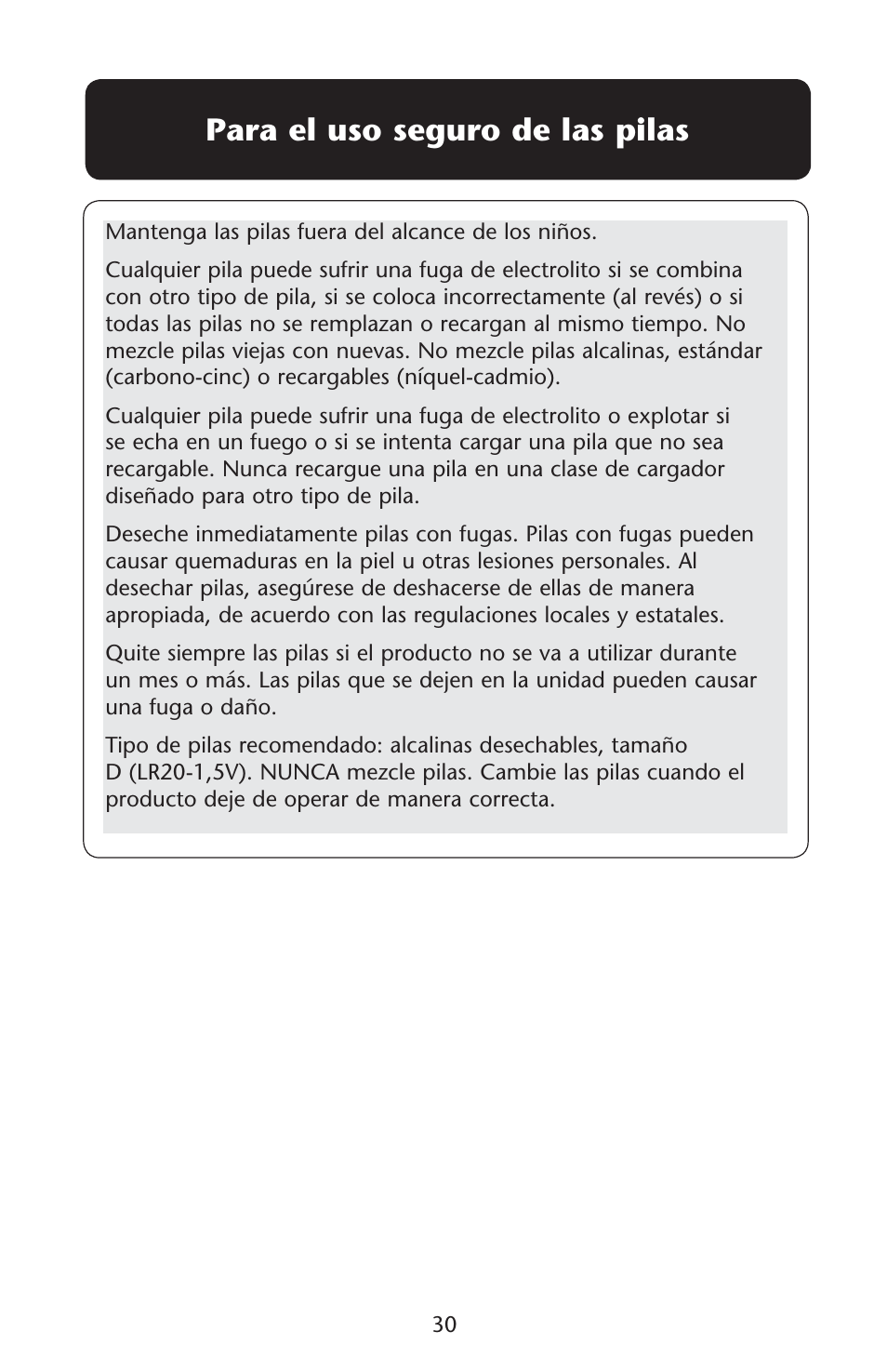Para el uso seguro de las pilas | Graco Lovin' Hug PD120910A User Manual | Page 30 / 48