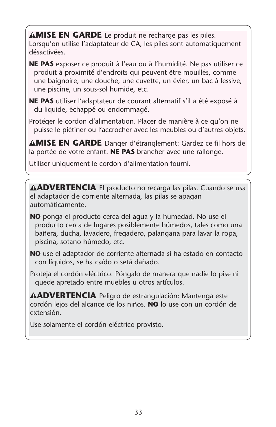 Mise en garde, Advertencia | Graco Lovin' Hug PD120910A User Manual | Page 33 / 48