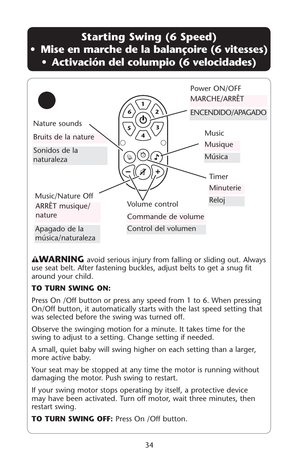 Starting swing (6 speed) s s, Warning | Graco Lovin' Hug PD120910A User Manual | Page 34 / 48