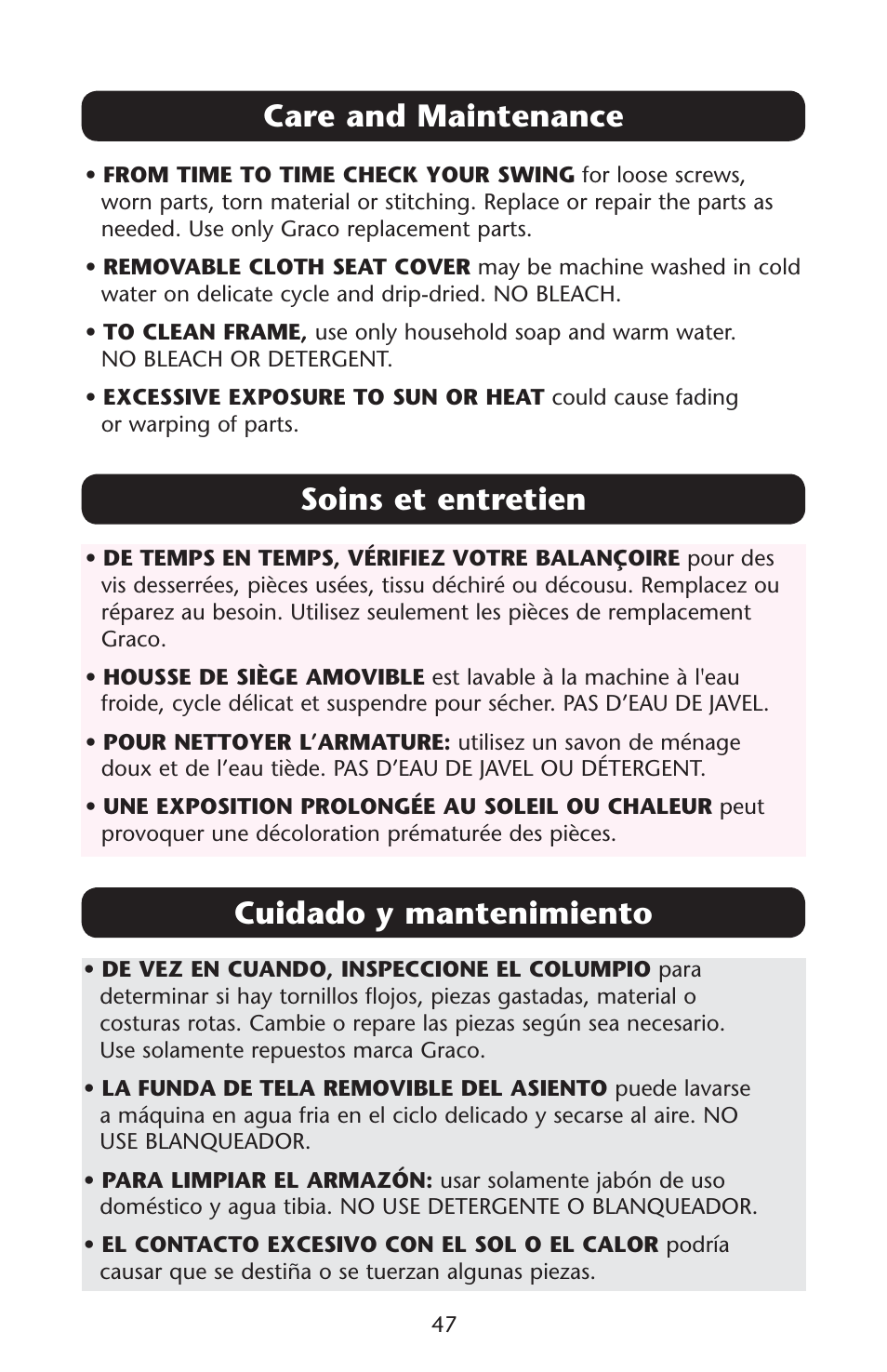 Care and maintenance, Soins et entretien, Cuidado y mantenimiento | Graco Lovin' Hug PD120910A User Manual | Page 47 / 48