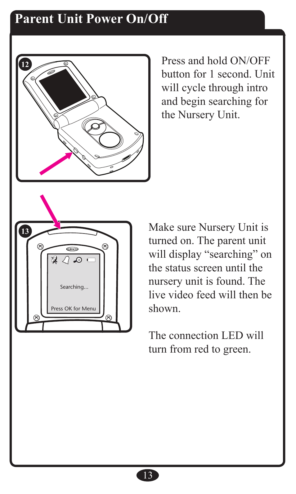 Parent unit power on/off | Graco 2797 User Manual | Page 13 / 73