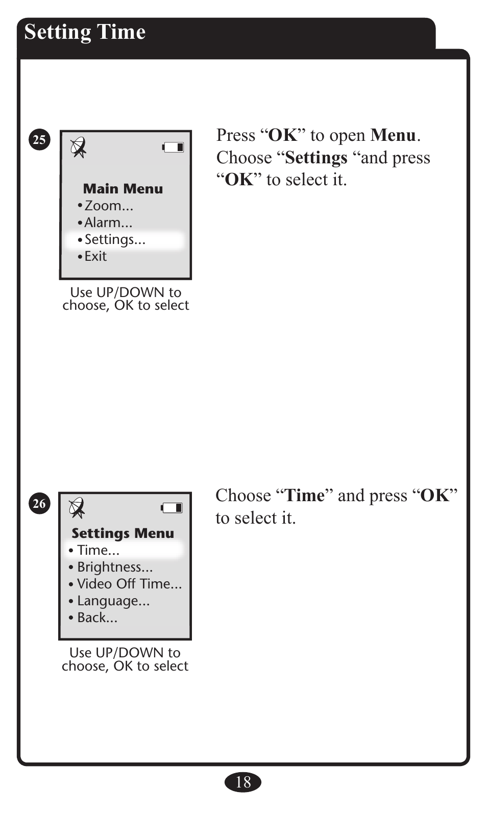Setting time, Choose “ time ” and press “ ok ” to select it | Graco 2797 User Manual | Page 18 / 73