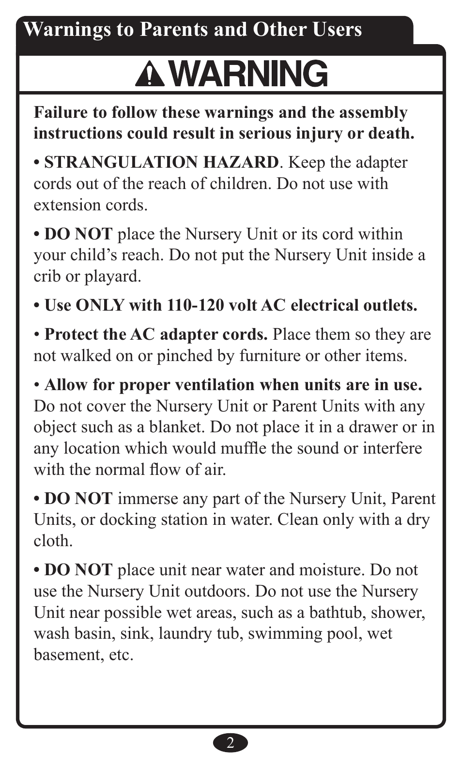 Warnings to parents and other users | Graco 2797 User Manual | Page 2 / 73