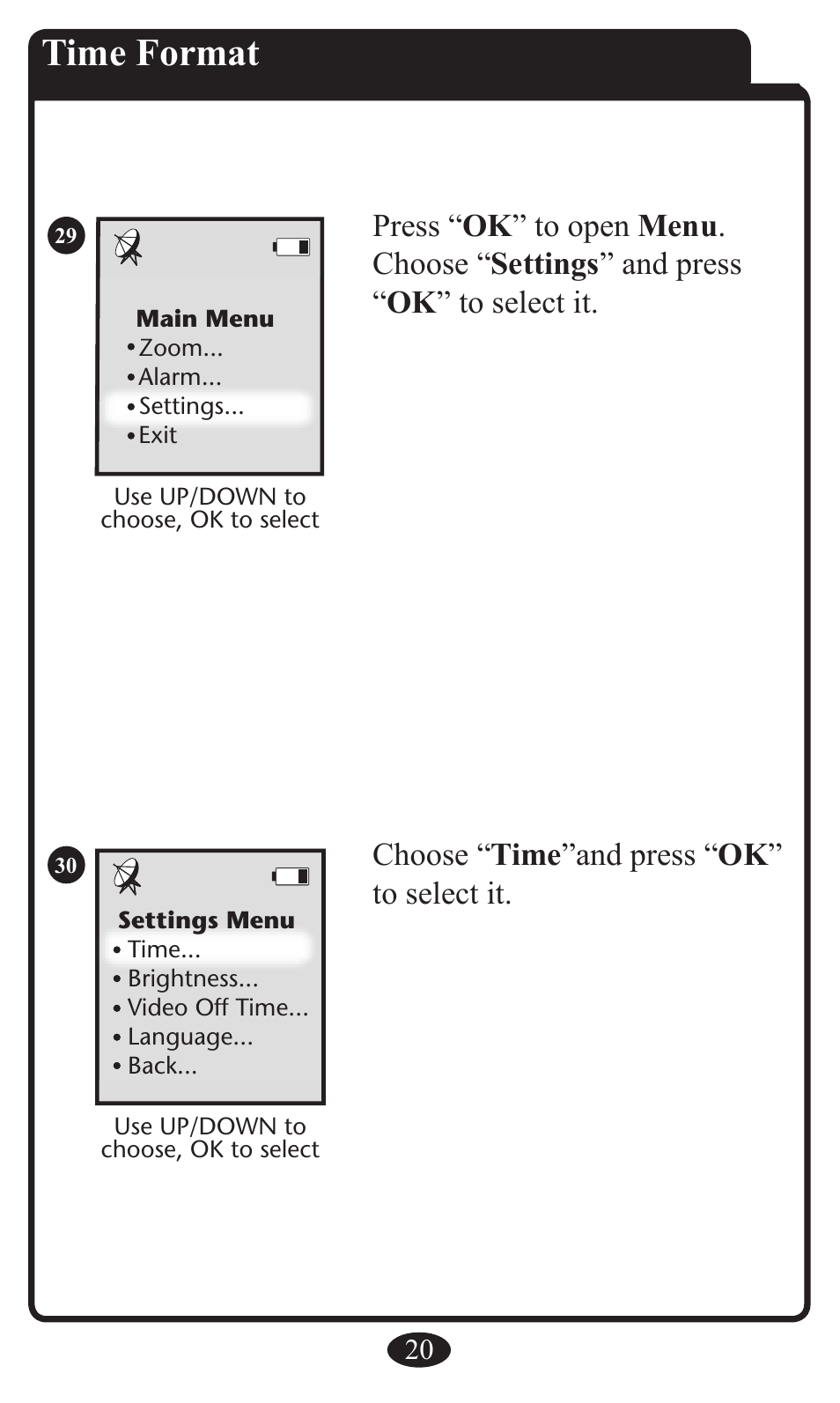 Time format, Choose “ time ”and press “ ok ” to select it | Graco 2797 User Manual | Page 20 / 73