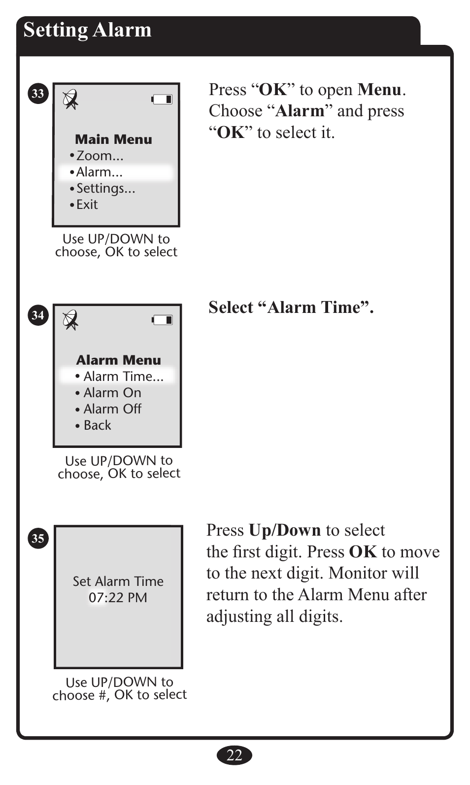 Setting alarm | Graco 2797 User Manual | Page 22 / 73