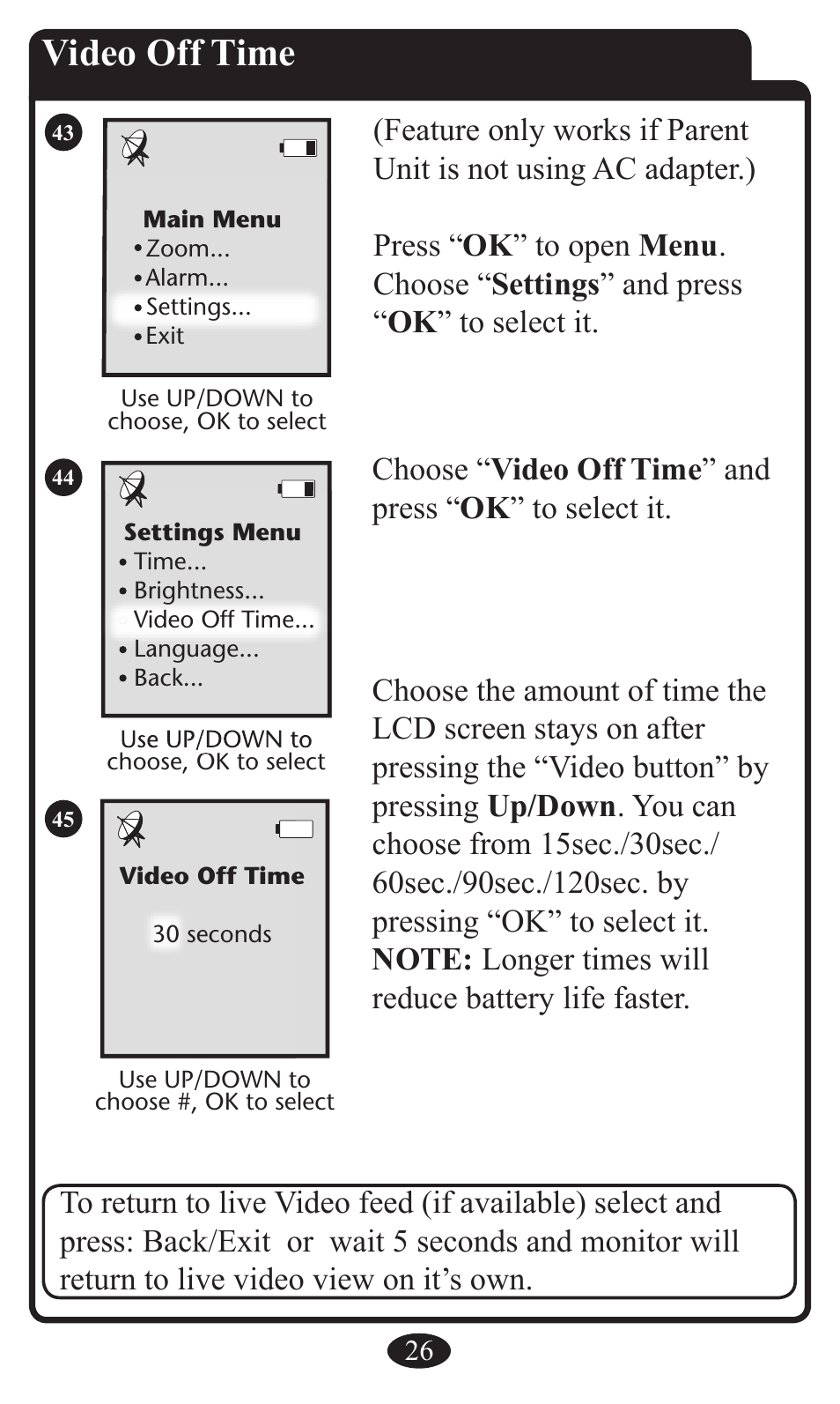 Video off time | Graco 2797 User Manual | Page 26 / 73