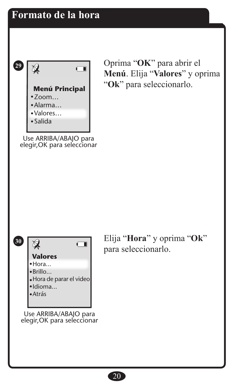 Formato de la hora, Elija “ hora ” y oprima “ ok ” para seleccionarlo | Graco 2797 User Manual | Page 56 / 73