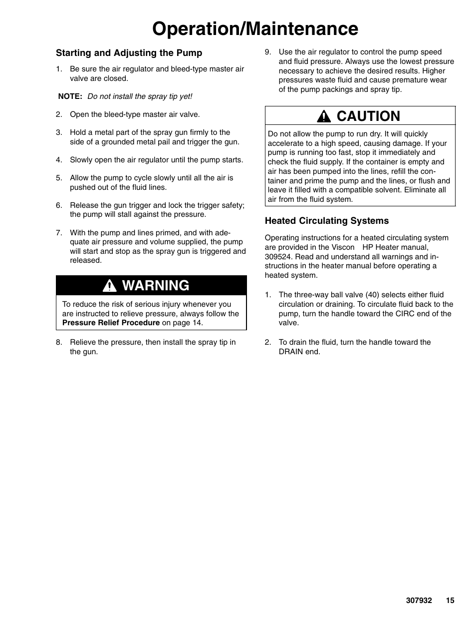 Operation/maintenance, Warning, Caution | Graco Bulldog 245187 User Manual | Page 15 / 22