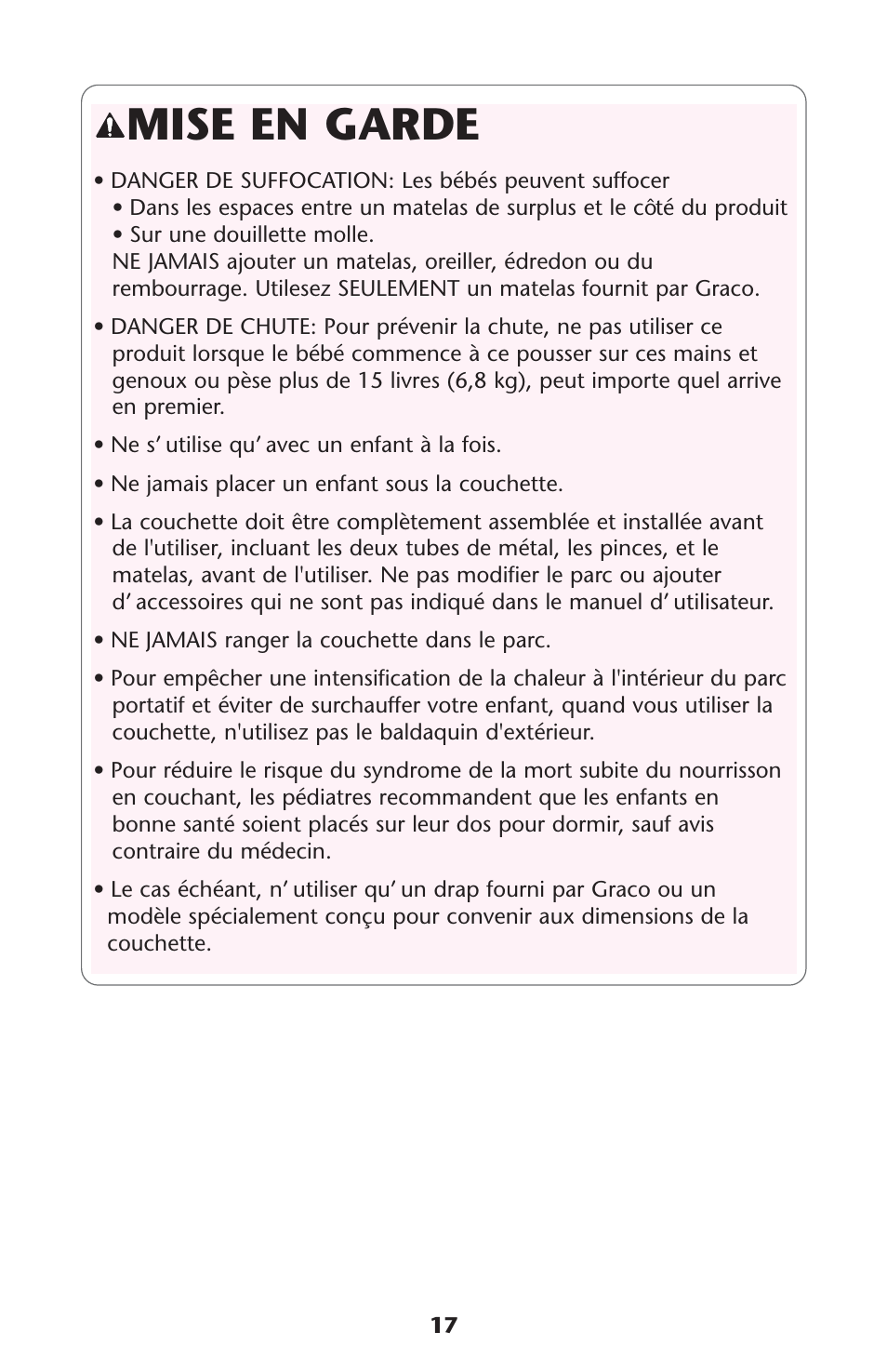 Mise en garde | Graco Pack 'n Play 9351RSH User Manual | Page 17 / 28