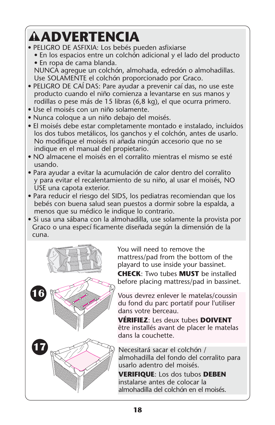 Advertencia | Graco Pack 'n Play 9351RSH User Manual | Page 18 / 28