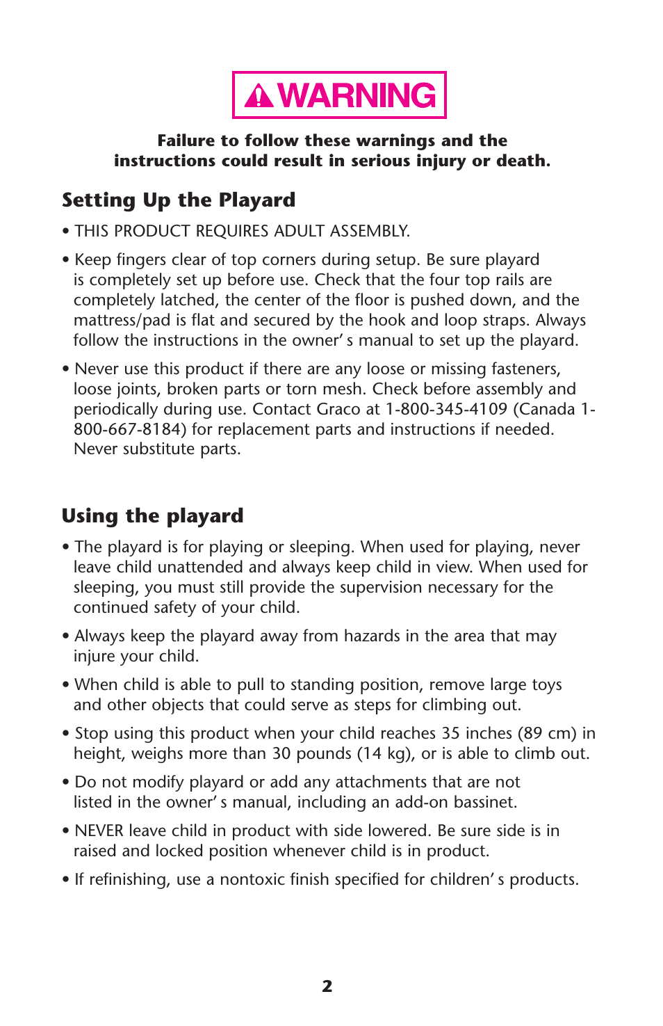 Setting up the playard, Using the playard | Graco Pack 'n Play 9351RSH User Manual | Page 2 / 28