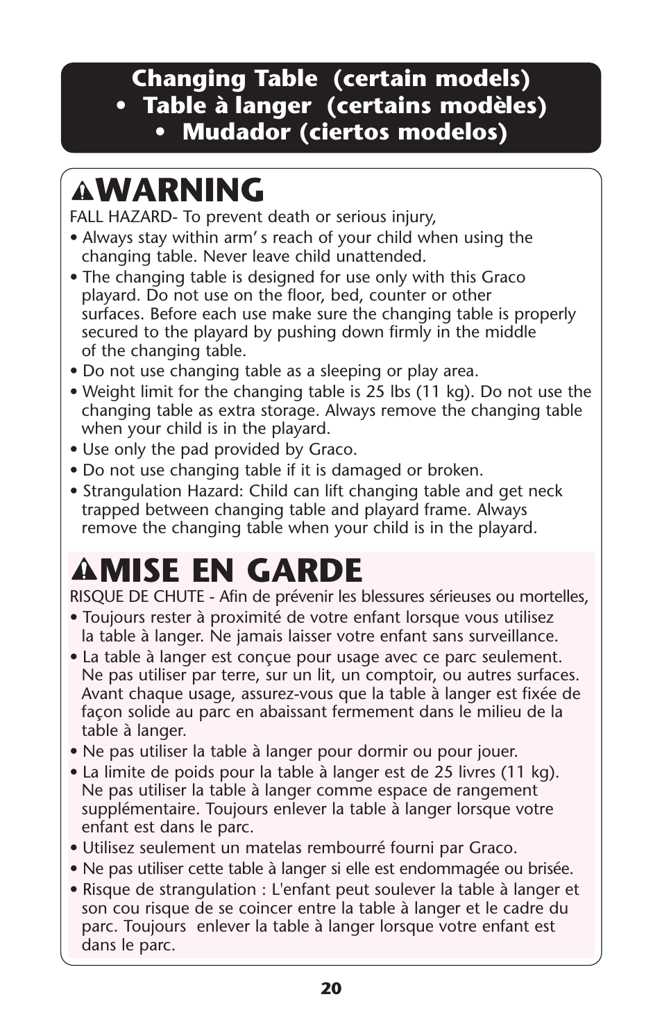 Mise en garde, Warning | Graco Pack 'n Play 9351RSH User Manual | Page 20 / 28