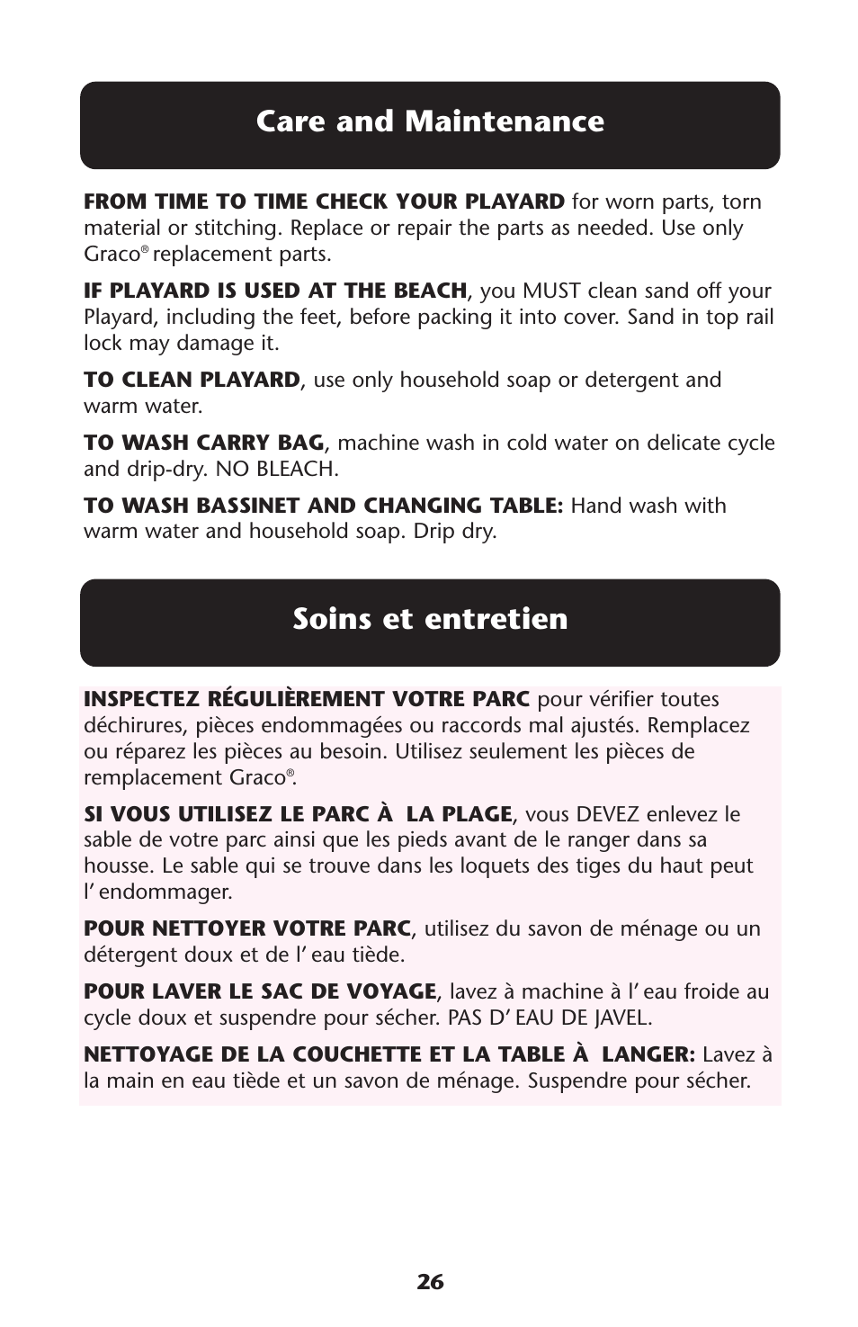 Soins et entretien, Care and maintenance | Graco Pack 'n Play 9351RSH User Manual | Page 26 / 28