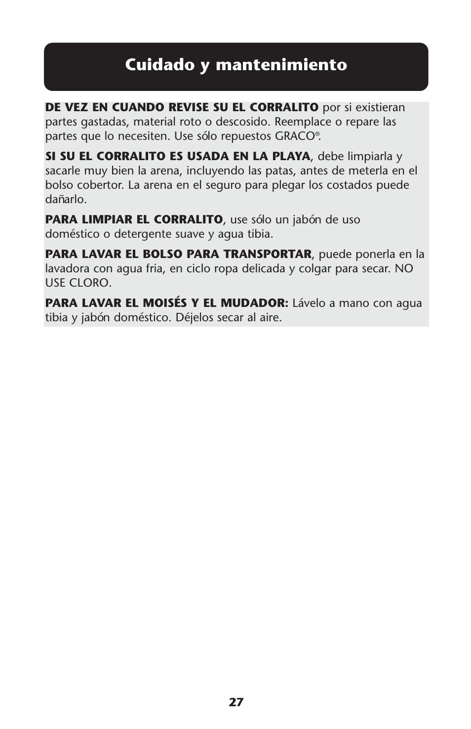 Cuidado y mantenimiento | Graco Pack 'n Play 9351RSH User Manual | Page 27 / 28