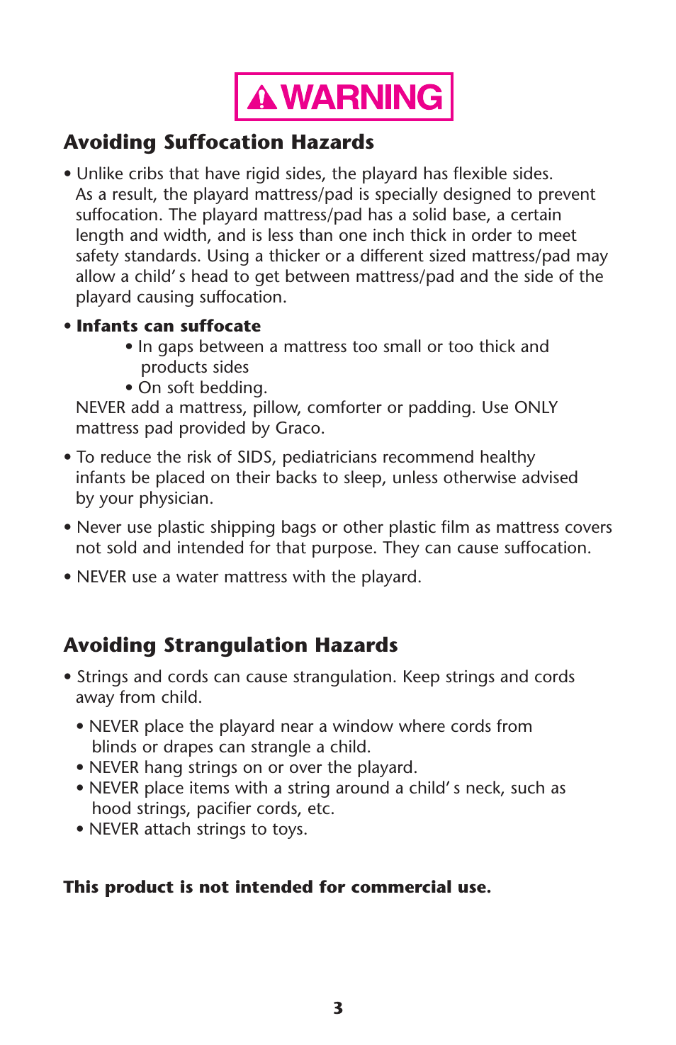 Avoiding suffocation hazards, Avoiding strangulation hazards | Graco Pack 'n Play 9351RSH User Manual | Page 3 / 28