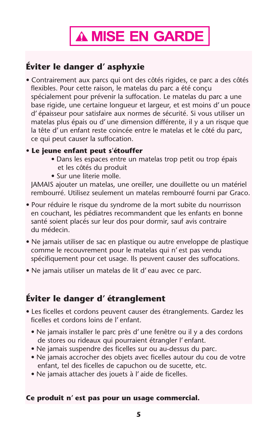 Éviter le danger d’ asphyxie, Éviter le danger d’ étranglement | Graco Pack 'n Play 9351RSH User Manual | Page 5 / 28