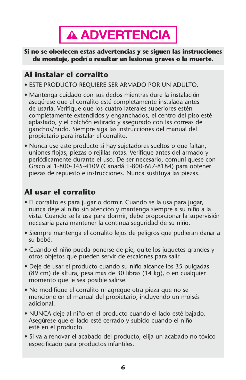 Al instalar el corralito, Al usar el corralito | Graco Pack 'n Play 9351RSH User Manual | Page 6 / 28