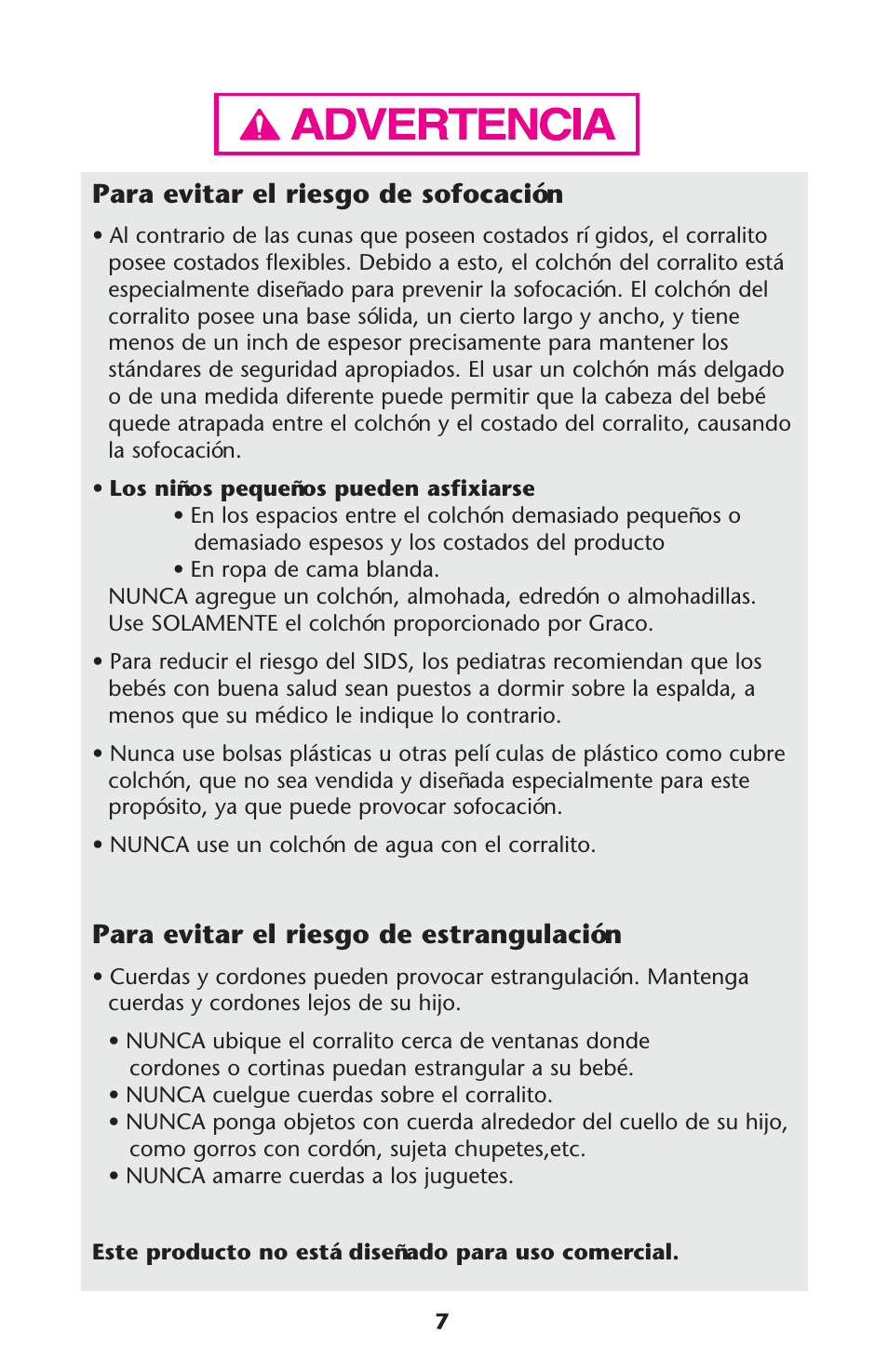 Para evitar el riesgo de sofocación, Para evitar el riesgo de estrangulación | Graco Pack 'n Play 9351RSH User Manual | Page 7 / 28
