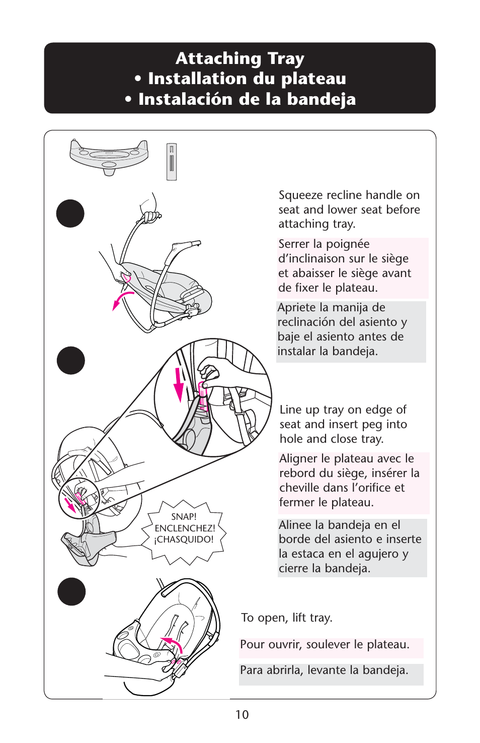 Attaching tray s s | Graco Lovin' Hug 1760954 User Manual | Page 10 / 48