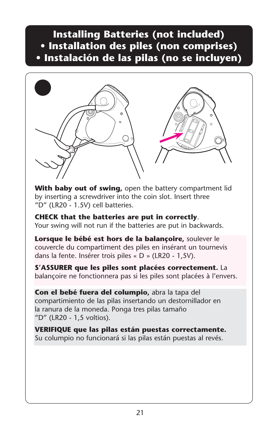 Installing batteries (not included) s s | Graco Lovin' Hug 1760954 User Manual | Page 21 / 48
