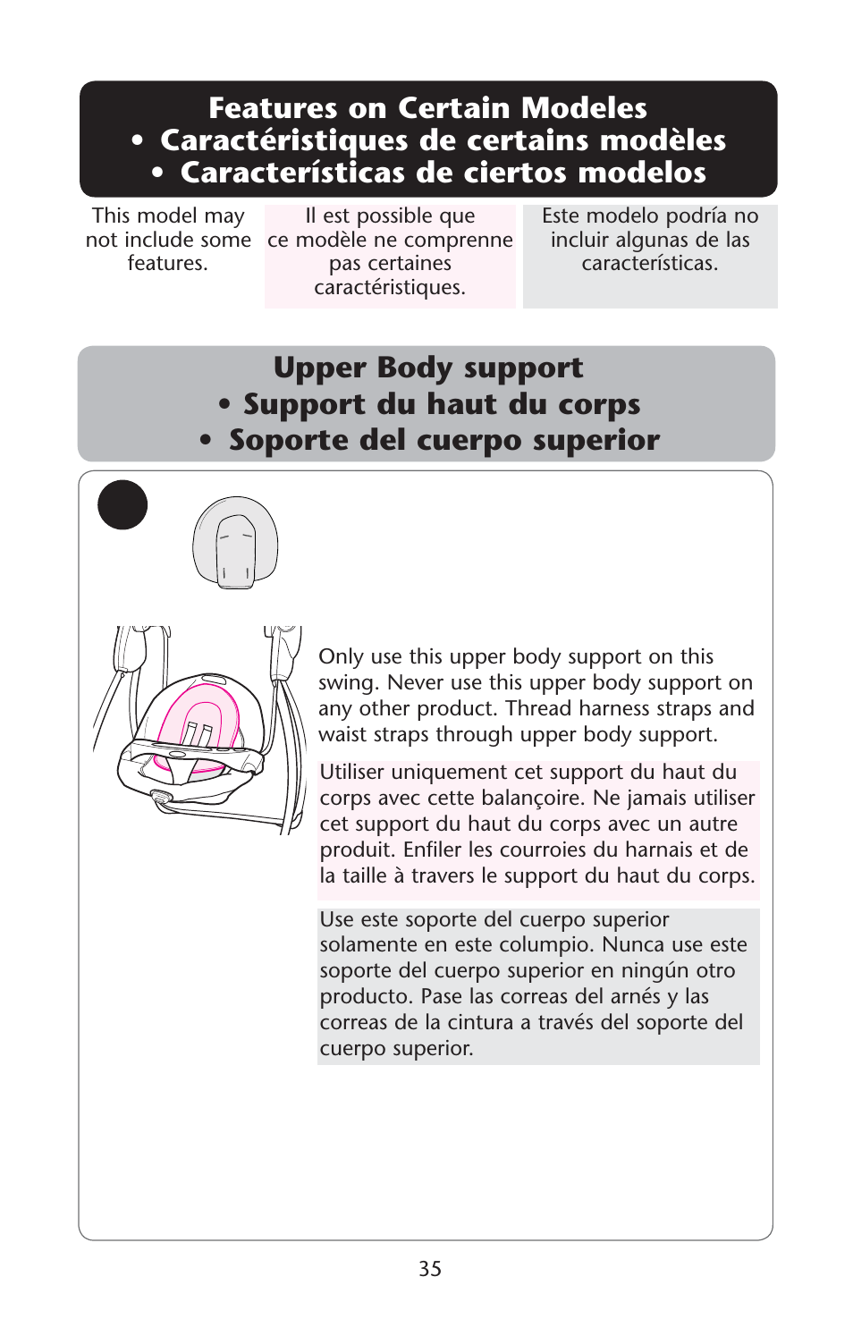 Upper body support s s, Features on certain modeles s s | Graco Lovin' Hug 1760954 User Manual | Page 35 / 48