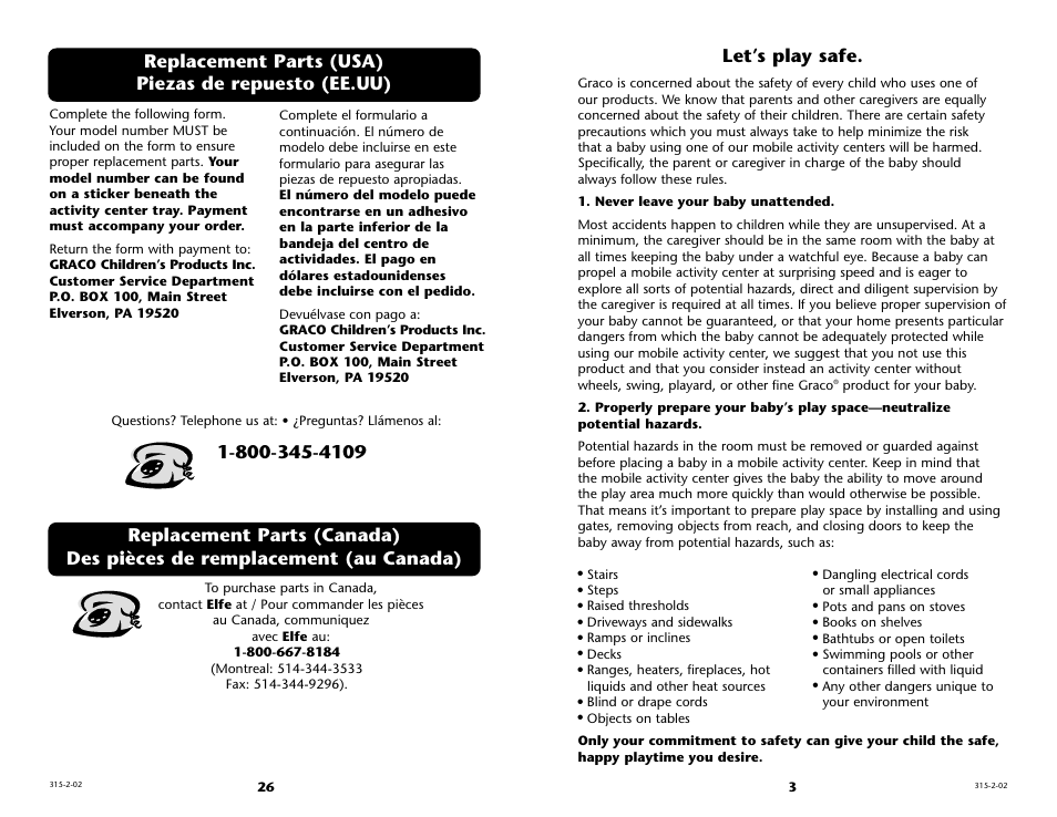 Replacement parts (usa) piezas de repuesto (ee.uu), Let’s play safe | Graco 4511 User Manual | Page 3 / 28