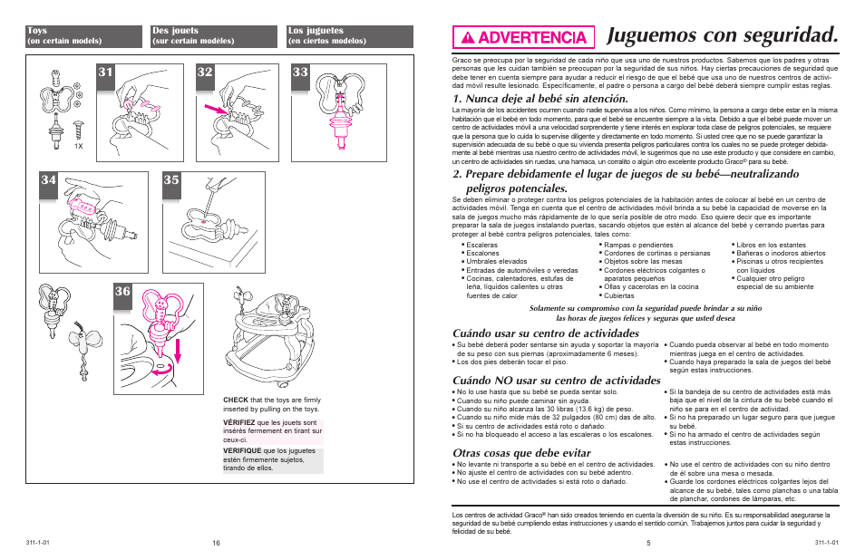 Juguemos con seguridad, Nunca deje al bebé sin atención, Cuándo usar su centro de actividades | Cuándo no usar su centro de actividades, Otras cosas que debe evitar | Graco 4530 & 4540 User Manual | Page 16 / 20