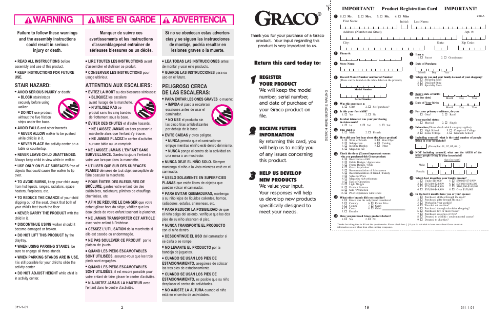 Warning advertencia mise en garde, Bm bl bn bt bu bs br bq bo bp cl cm cn co cp, Stair hazard | Attention aux escaliers, Peligroso cerca de las escaleras, Return this card today to, Important! product registration card important | Graco 4530 & 4540 User Manual | Page 2 / 20