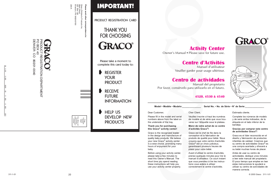 Important, Activity center, Centro de actividades | Centre d’activités, Register, Your, Product, Receive, Future, Information | Graco 4530 & 4540 User Manual | Page 20 / 20