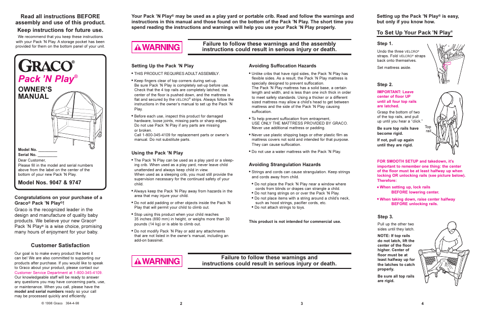 Pack n play, Owners manual, Customer satisfaction | Graco 9047 User Manual | Page 2 / 6