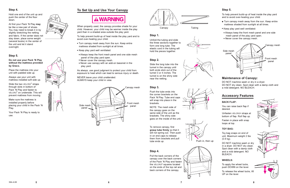 Accessory features, Maintenance of canopy | Graco 9047 User Manual | Page 3 / 6