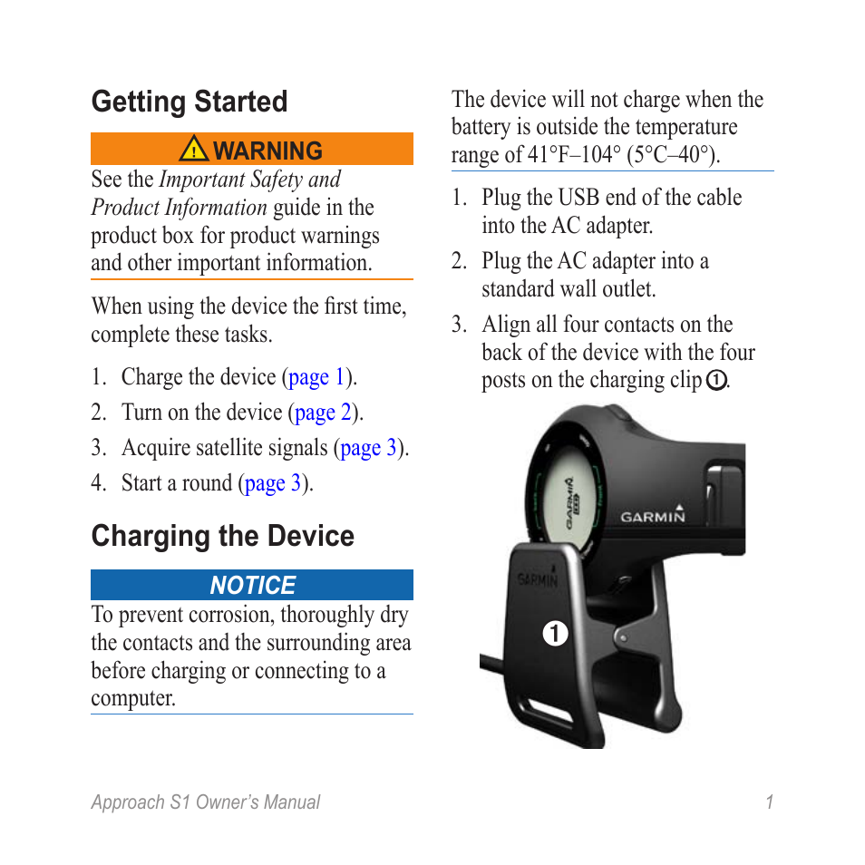 Getting started, Charging the device | Graco APPROACH S1 User Manual | Page 3 / 12