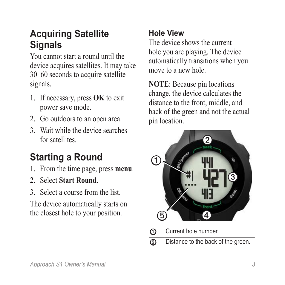 Start a round, Acquiring satellite signals, Starting a round | Graco APPROACH S1 User Manual | Page 5 / 12
