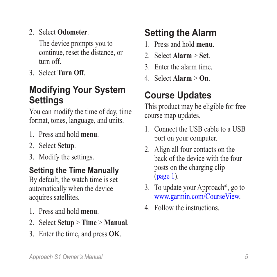 Modifying your system settings, Setting the alarm, Course updates | Graco APPROACH S1 User Manual | Page 7 / 12