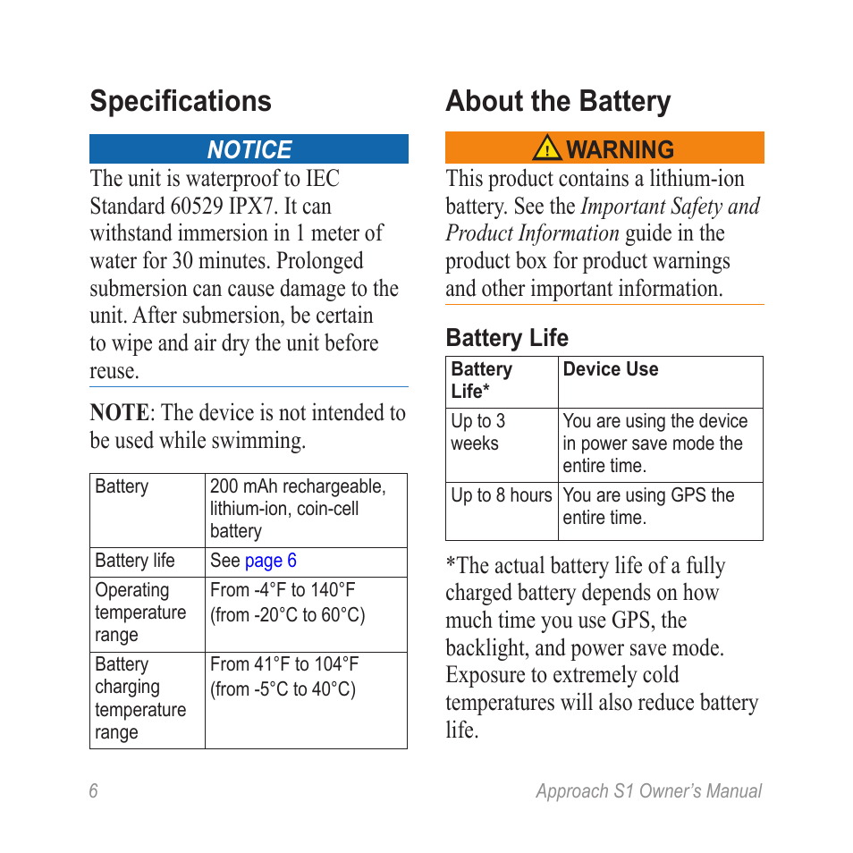 Specifications, About the battery | Graco APPROACH S1 User Manual | Page 8 / 12