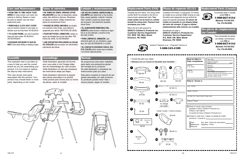 Assembly, Assemblage montaje, Replacement parts (usa) piezas de repuesto (ee.uu) | Replacement parts (canada), Des pièces de remplacement (au canada) | Graco 1135 User Manual | Page 13 / 16