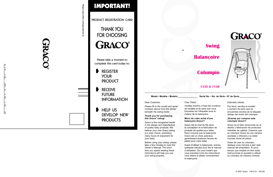 Important, Swing, Balançoire | Columpio, Register, Your, Product, Receive, Future, Information | Graco 1135 User Manual | Page 16 / 16