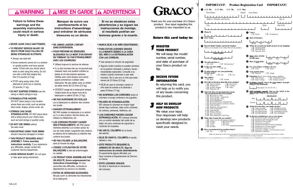 Warning advertencia mise en garde, Bm bl bn bt bu bs br bq bo bp cl cm cn co cp, Return this card today to | Important! product registration card important | Graco 1135 User Manual | Page 2 / 16