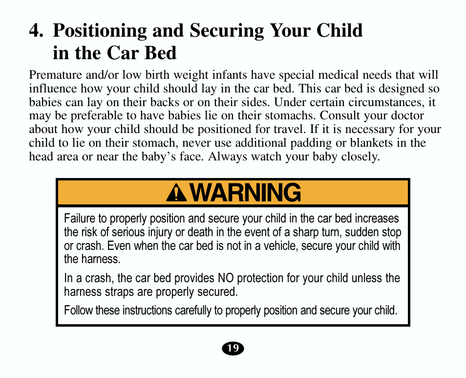 Positioning and securing your child in the car bed | Graco 8403 User Manual | Page 19 / 36