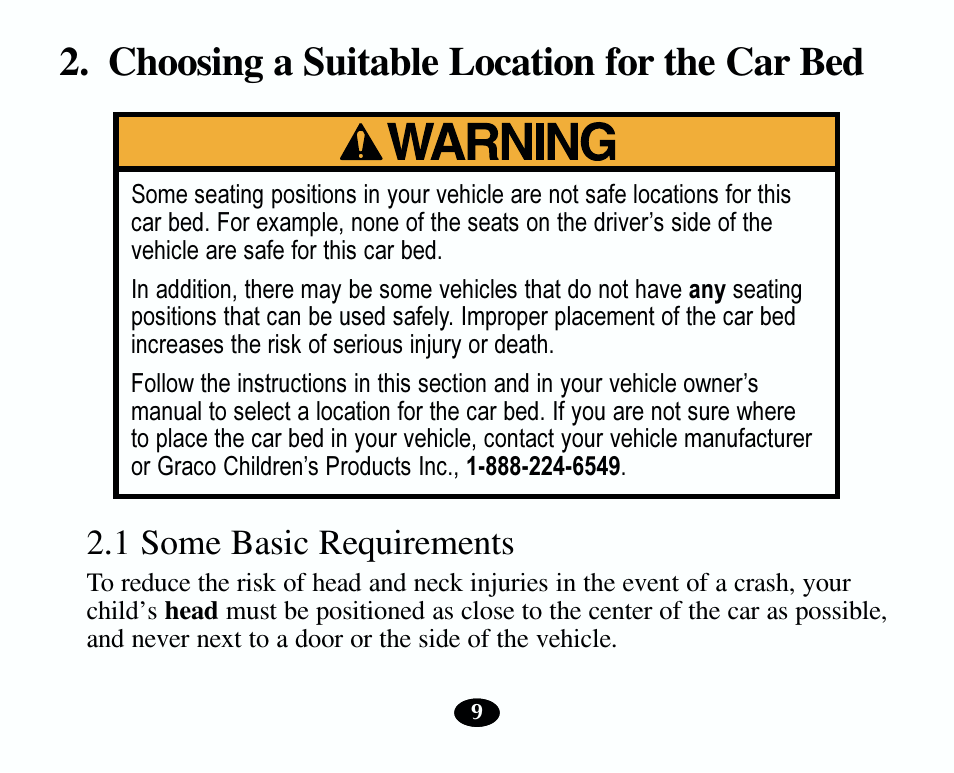 Choosing a suitable location for the car bed, 1 some basic requirements | Graco 8403 User Manual | Page 9 / 36