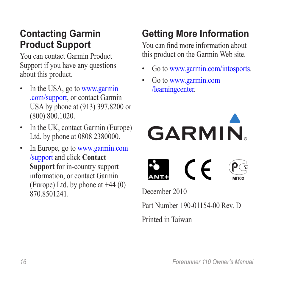 Contacting garmin product support, Getting more information | Graco FORERUNNER 110 User Manual | Page 16 / 16