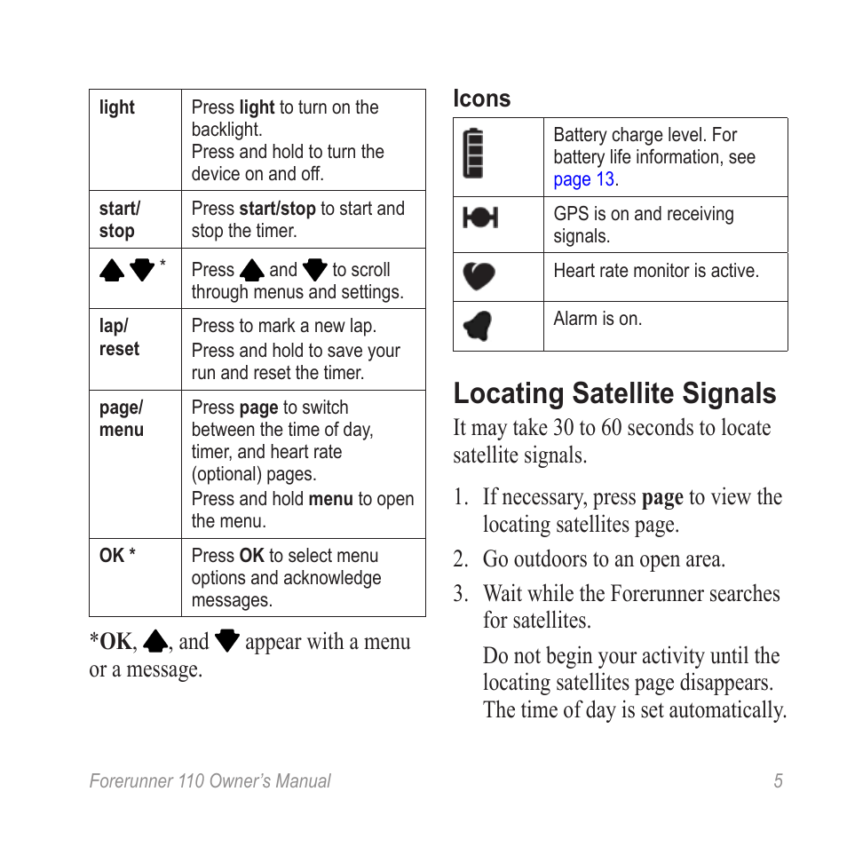 Locate satellites, Locating satellite signals, Ok , , and appear with a menu or a message. icons | Graco FORERUNNER 110 User Manual | Page 5 / 16